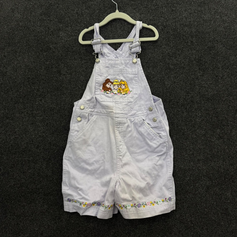 Vintage 90s Disney Store Princess Embroidered Lavender Cotton Shortalls Kids 7/8